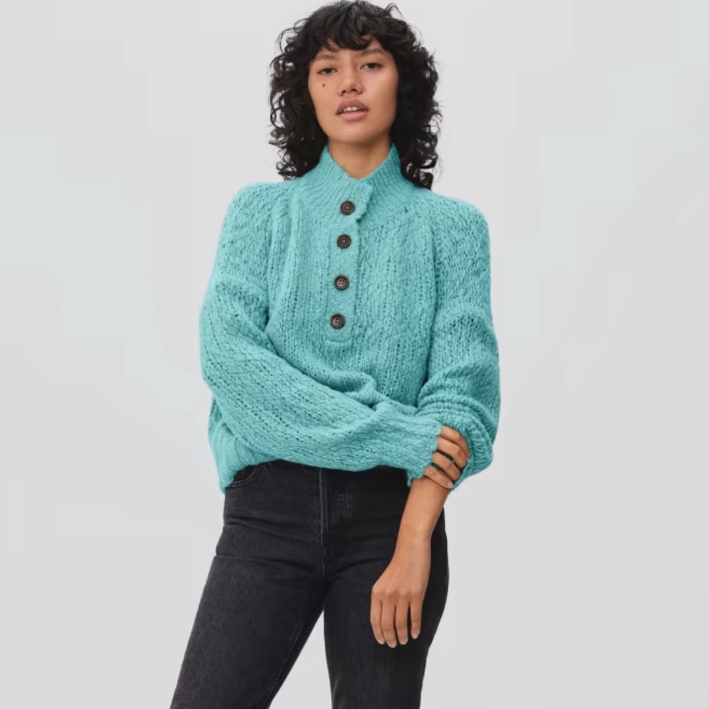 Everlane Teal Button-Front Chunky Knit Sweater